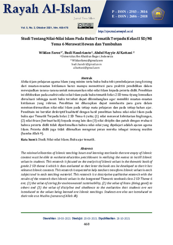 Studi Tentang Nilai-Nilai Islam Pada Buku Tematik Terpadu Kelas II SDMI Tema 6 Merawat Hewan dan Tumbuhan.pdf Studi Tentang Nilai-Nilai Islam Pada Buku Tematik Terpadu Kelas II SDMI Tema 6 Merawat Hewan dan Tumbuhan.pdf