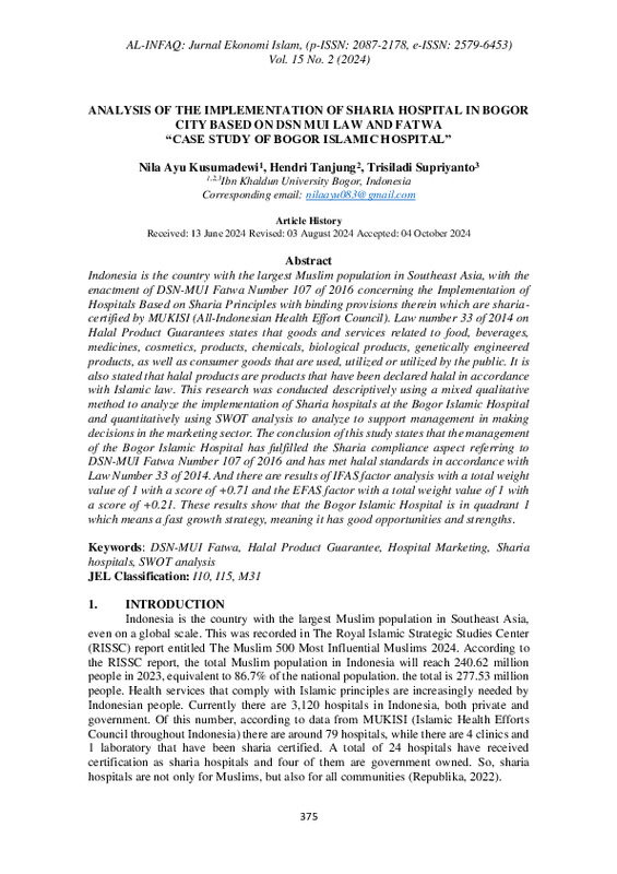 ANALYSIS OF THE IMPLEMENTATION OF SHARIA HOSPITAL IN BOGOR CITY BASED ON DSN MUI LAW AND FATWA “CASE STUDY OF BOGOR ISLAMIC HOSPITAL”.pdf