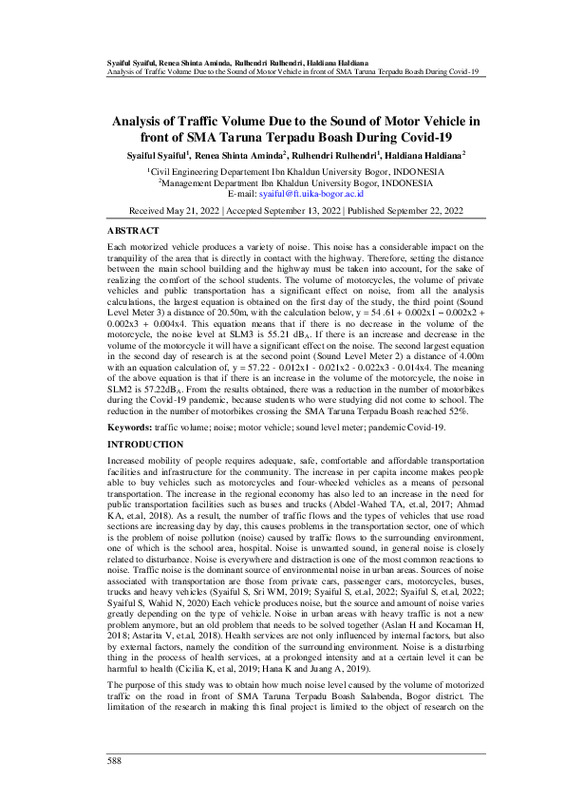 Analysis of traffic volume due to the sound of motor vehicle in front of SMA Taruna Terpadu Boash during Covid-19.pdf Analysis of traffic volume due to the sound of motor vehicle in front of SMA Taruna Terpadu Boash during Covid-19.pdf