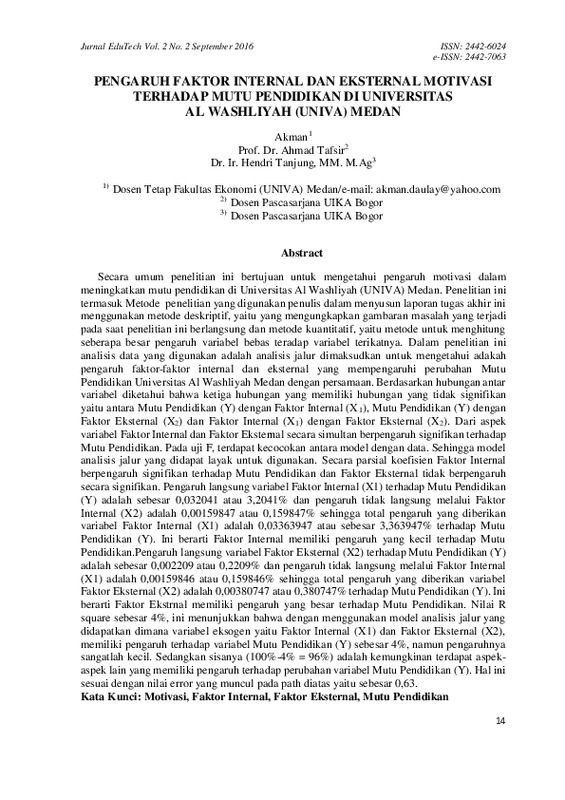 Pengaruh Faktor Internal Dan Eksternal Motivasi Terhadap Mutu Pendidikan di Universitas Al washliyah (UNIVA) Medan.pdf