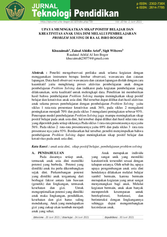 UPAYA MENINGKATKAN SIKAP POSITIF BELAJAR DAN KREATIVITAS ANAK USIA DINI MELALUI PEMBELAJARAN PROBLEM SOLVING DI RA AL ISRO BOGOR.pdf
