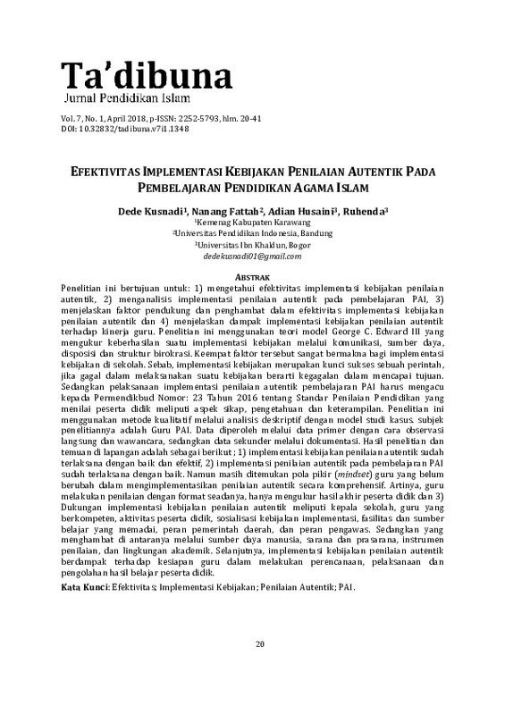 Efektivitas Implementasi Kebijakan Penilaian Autentik pada Pembelajaran Pendidikan Agama Islam.pdf