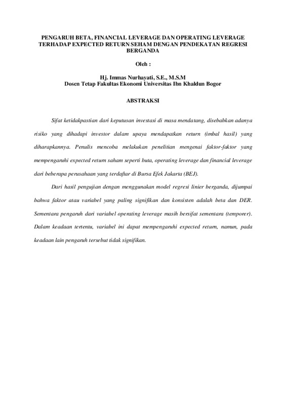PENGARUH BETA, FINANCIAL LEVERAGE DAN OPERATING LEVERAGE TERHADAP EXPECTED RETURN SEHAM DENGAN PENDEKATAN REGRESI BERGANDA.pdf