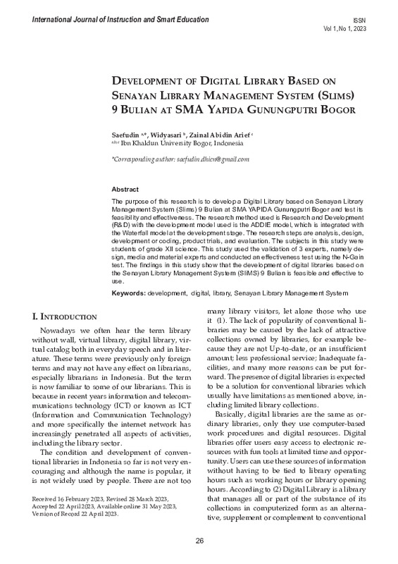 Development of Digital Library Based on Senayan Library Management System (Slims) 9 Bulian at SMA Yapida Gunungputri Bogor.pdf