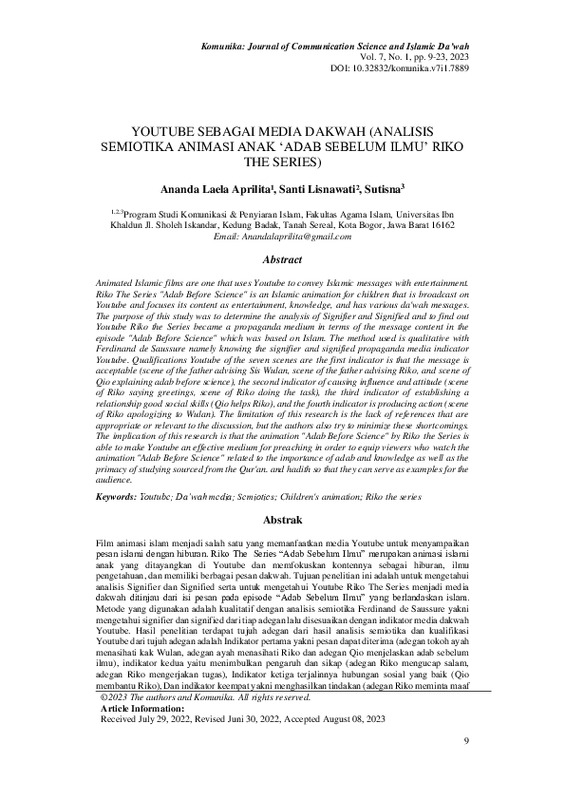 Youtube sebagai media dakwah Analisis semiotika animasi anak ‘adab sebelum ilmu'pada Youtube channel riko the series.pdf