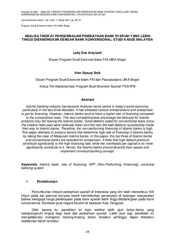 Analisa tingkat pengembalian pembiayaan bank syariah yang lebih tinggi dibandingkan dengan bank konvensional Studi kasus Malaysia.pdf