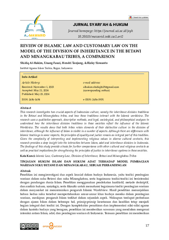 REVIEW OF ISLAMIC LAW AND CUSTOMARY LAW ON THE MODEL OF THE DIVISION OF INHERITANCE IN THE BETAWI AND MINANGKABAU TRIBES, A COMPARISON.pdf REVIEW OF ISLAMIC LAW AND CUSTOMARY LAW ON THE MODEL OF THE DIVISION OF INHERITANCE IN THE BETAWI AND MINANGKABAU TRIBES, A COMPARISON.pdf