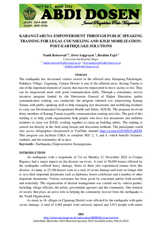 KARANGTARUNA EMPOWERMENT THROUGH PUBLIC SPEAKING TRAINING FOR LEGAL COUNSELING AND K3LH MOBILIZATION POST-EARTHQUAKE SOLUTIONS.pdf
