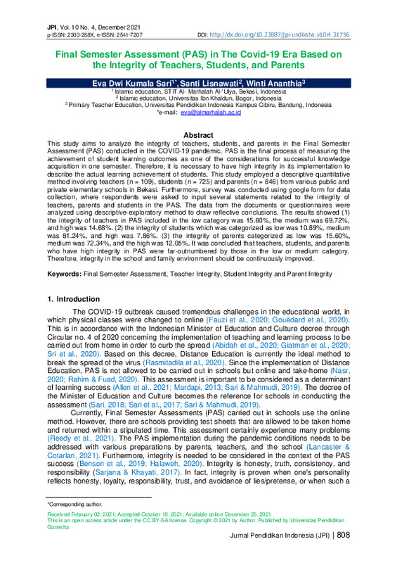Final Semester Assessment (PAS) in The Covid-19 Era Based on the Integrity of Teachers, Students, and Parents.pdf