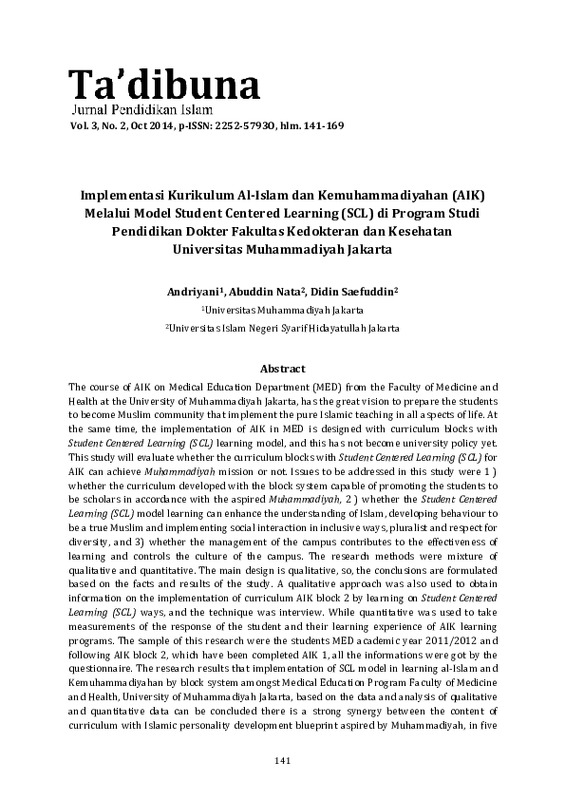 Implementasi Kurikulum Al-Islam dan Kemuhammadiyahan (AIK) Melalui Model Student Centered Learning (SCL) di Program Studi Pendidikan Dokter Fakultas Kedokteran dan Kesehatan ….pdf