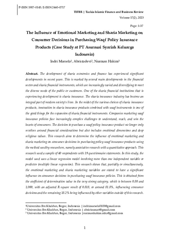 The Influence of Emotional Marketing and Sharia Marketing on Consumer Decisions in Purchasing Waqf Policy Insurance Products (Case Study at PT Asuransi Syariah Keluarga Indonesia).pdf