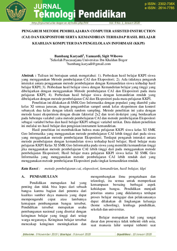 PENGARUH METODE PEMBELAJARAN COMPUTER ASSISTED INSTRUCTION (CAI) DAN EKSPOSITORI SERTA KEMANDIRIAN TERHADAP HASIL BELAJAR KEAHLIAN KOMPUTER DAN PENGELOLAAN INFORMASI (KKPI).pdf