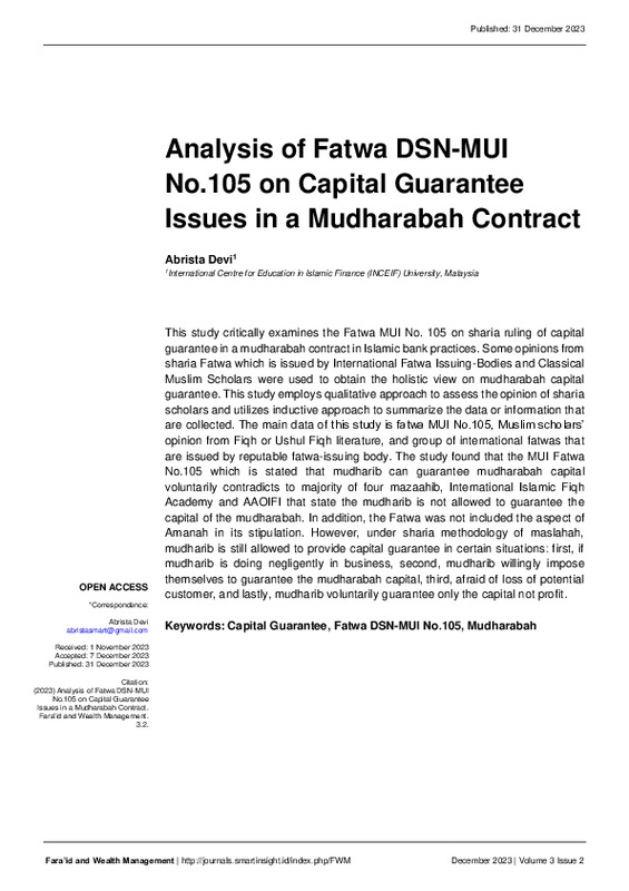Analysis of Fatwa DSN-MUI No. 105 on Capital Guarantee Issues in a Mudharabah Contract.pdf Analysis of Fatwa DSN-MUI No. 105 on Capital Guarantee Issues in a Mudharabah Contract.pdf