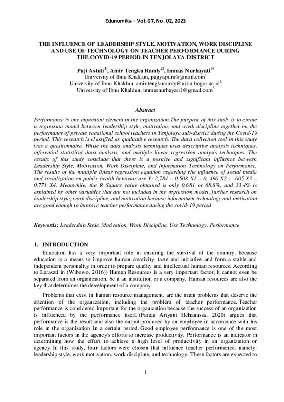 THE INFLUENCE OF LEADERSHIP STYLE, MOTIVATION, WORK DISCIPLINE AND USE OF TECHNOLOGY ON TEACHER PERFORMANCE DURING THE COVID-19 PERIOD IN TENJOLAYA DISTRICT.pdf