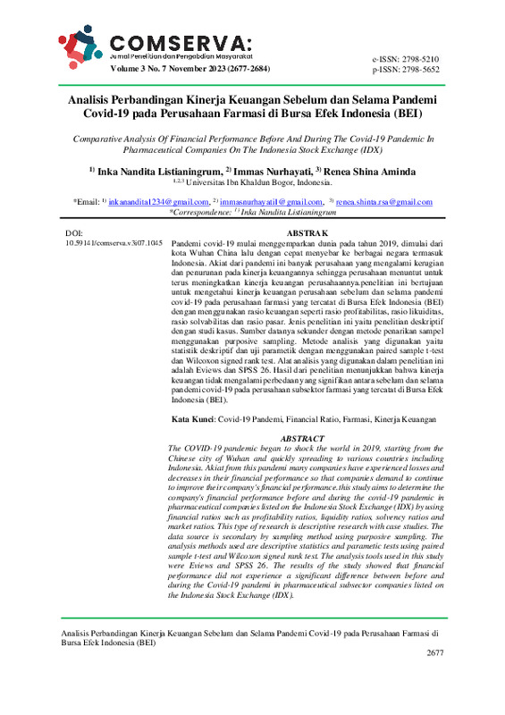 Analisis Perbandingan Kinerja Keuangan Sebelum dan Selama Pandemi Covid-19 pada Perusahaan Farmasi di Bursa Efek Indonesia (BEI).pdf Analisis Perbandingan Kinerja Keuangan Sebelum dan Selama Pandemi Covid-19 pada Perusahaan Farmasi di Bursa Efek Indonesia (BEI).pdf