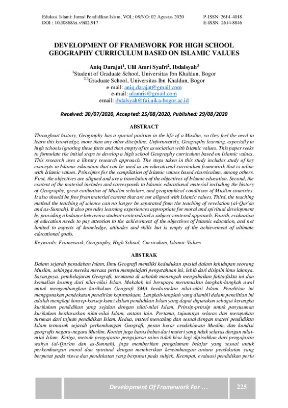 DEVELOPMENT OF FRAMEWORK FOR HIGH SCHOOL GEOGRAPHY CURRICULUM BASED ON ISLAMIC VALUES.pdf DEVELOPMENT OF FRAMEWORK FOR HIGH SCHOOL GEOGRAPHY CURRICULUM BASED ON ISLAMIC VALUES.pdf