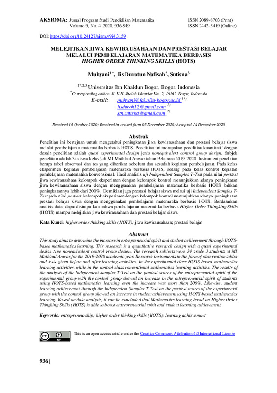 Melejitkan Jiwa Kewirausahaan Dan Prestasi Siswa Melaui Pembelajaran Matematika Berbasis Higher Order Thinking Skills (Hots).pdf