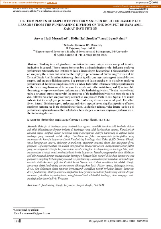 DETERMINANTS OF EMPLOYEE PERFORMANCE IN RELIGION-BASED NGO LESSONS FROM THE FUNDRAISING DIVISION OF THE DOMPET DHUAFA AMIL ZAKAT INSTITUTION.pdf
