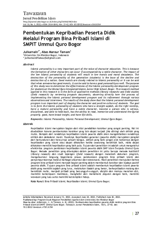Pembentukan kepribadian peserta didik melalui program Bina Pribadi Islami di SMPIT Ummul Quro Bogor.pdf Pembentukan kepribadian peserta didik melalui program Bina Pribadi Islami di SMPIT Ummul Quro Bogor.pdf