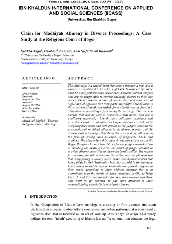 Claim for Madhiyah Alimony in Divorce Proceedings A Case Study at the Religious Court of Bogor.pdf