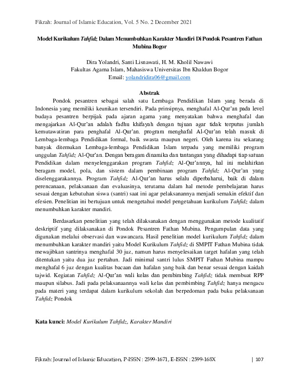 Model Kurikulum Tahfidz Dalam Menumbuhkan Karakter Mandiri Di Pondok Pesantren Fathan Mubina Bogor.pdf Model Kurikulum Tahfidz Dalam Menumbuhkan Karakter Mandiri Di Pondok Pesantren Fathan Mubina Bogor.pdf