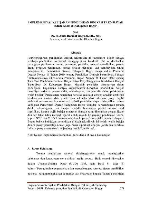 Implementasi Kebijakan Pendidikan Diniyah Takmiliyah (Studi Kasus di Kabupaten Bogor).pdf Implementasi Kebijakan Pendidikan Diniyah Takmiliyah (Studi Kasus di Kabupaten Bogor).pdf