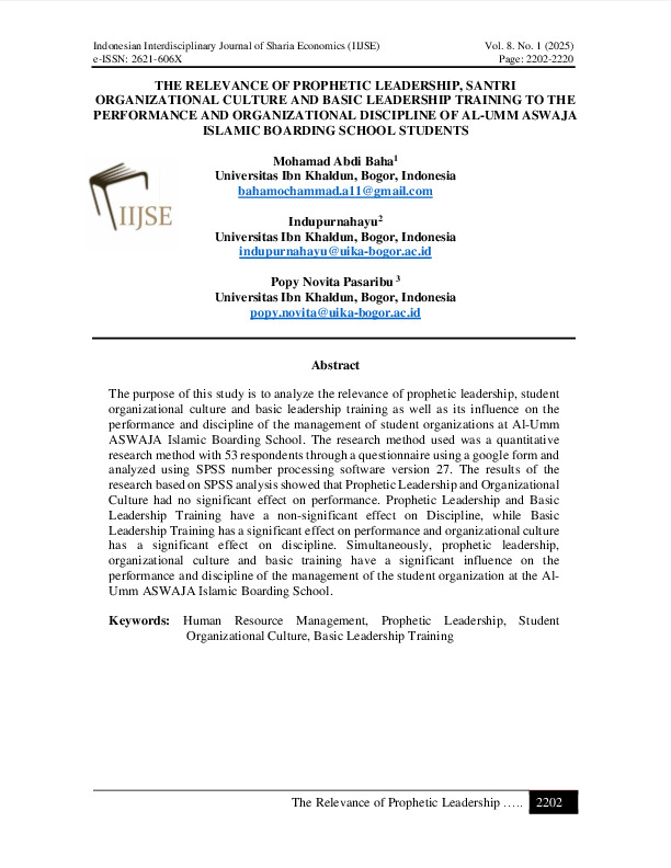 The Relevance of Prophetic Leadership, Santri Organizational Culture and Basic Leadership Training to the Performance and Organizational Discipline of Al-Umm Aswaja Islamic ….pdf The Relevance of Prophetic Leadership, Santri Organizational Culture and Basic Leadership Training to the Performance and Organizational Discipline of Al-Umm Aswaja Islamic ….pdf