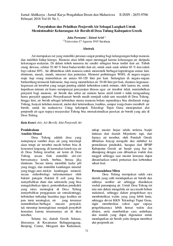 Penyuluhan dan pelatihan penjernih air sebagai langkah untuk meminimalisir kekurangan air bersih di Desa Tulung Kabupaten Gresik.pdf