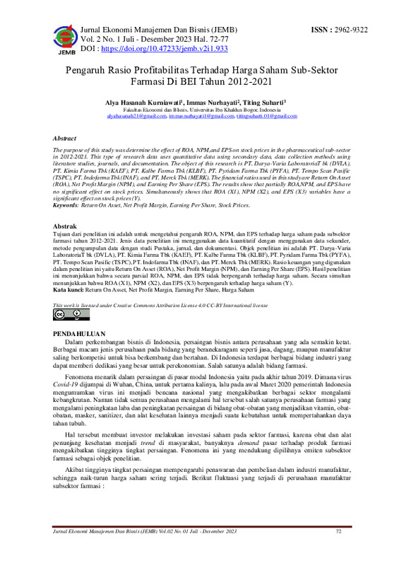 Pengaruh Rasio Profitabilitas Terhadap Harga Saham Sub-Sektor Farmasi Di BEI Tahun 2012-2021.pdf Pengaruh Rasio Profitabilitas Terhadap Harga Saham Sub-Sektor Farmasi Di BEI Tahun 2012-2021.pdf