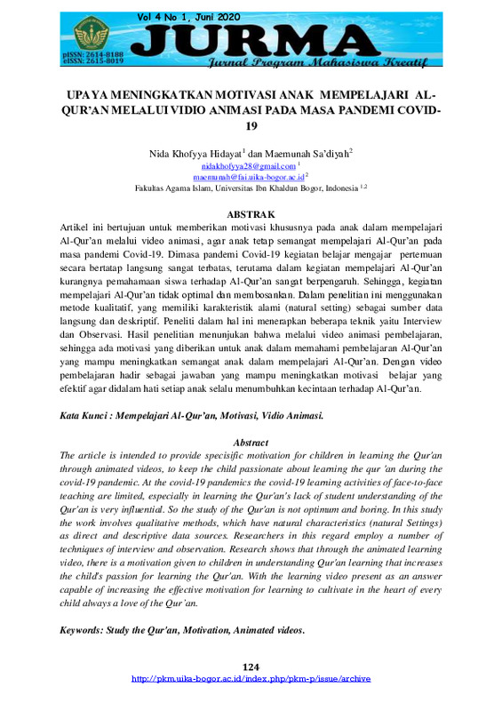 Upaya meningkatkan motivasi anak mempelajari Al-Qur’an melalui vidio animasi pada masa pandemi COVID-19.pdf Upaya meningkatkan motivasi anak mempelajari Al-Qur’an melalui vidio animasi pada masa pandemi COVID-19.pdf