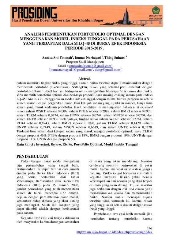 Analisis Pembentukan Portofolio Optimal Dengan Menggunakan Model Indeks Tunggal Pada Perusahaan Yang Terdaftar Dalam LQ-45 Di Bursa Efek Indonesia Periode 2015-2019.pdf