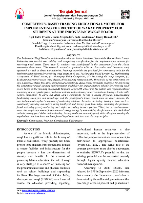 COMPETENCY-BASED TRAINING EDUCATIONAL MODEL FOR IMPLEMENTING THE RECEIPT OF WAKAF PROPERTY FOR STUDENTS AT THE INDONESIAN WAKAF BOARD.pdf COMPETENCY-BASED TRAINING EDUCATIONAL MODEL FOR IMPLEMENTING THE RECEIPT OF WAKAF PROPERTY FOR STUDENTS AT THE INDONESIAN WAKAF BOARD.pdf