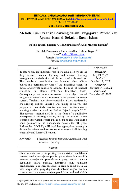 Metode Fun Creative Learning dalam Pengajaran Pendidikan Agama Islam di Sekolah Dasar Islam.pdf Metode Fun Creative Learning dalam Pengajaran Pendidikan Agama Islam di Sekolah Dasar Islam.pdf