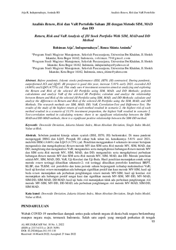 Analisis Return, Risk dan VaR Portofolio Saham JII dengan Metode SIM, MAD dan DD Return, Risk and VaR Analysis of JII Stock Portfolio With SIM, MAD and DD Method.pdf