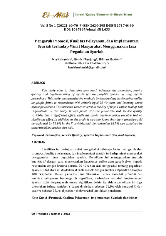 Pengaruh Promosi, Kualitas pelayanan, dan implementasi syariah terhadap minat masyarakat menggunakan jasa pegadaian syariah.pdf