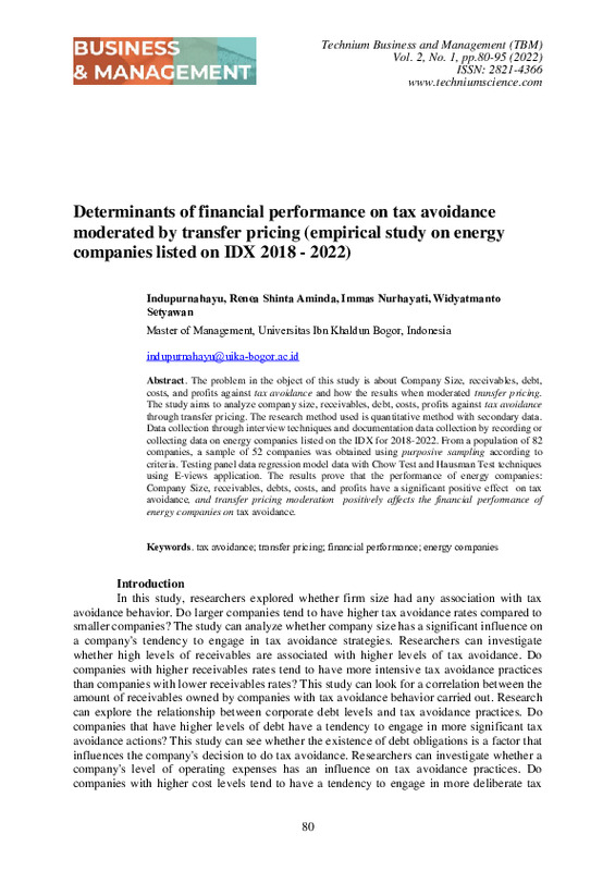 Determinants of financial performance on tax avoidance moderated by transfer pricing (empirical study on energy companies listed on IDX 2018-2022).pdf