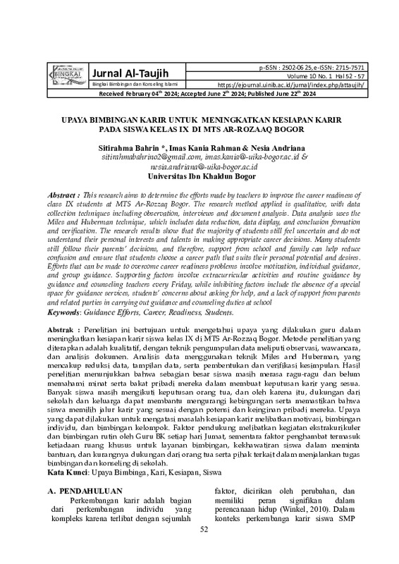 UPAYA BIMBINGAN KARIR UNTUK MENINGKATKAN KESIAPAN KARIR PADA SISWA KELAS IX DI MTS AR-ROZAAQ BOGOR.pdf