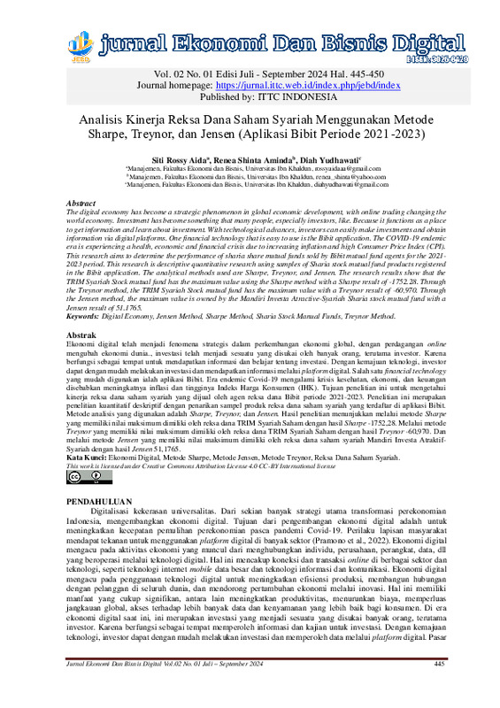 Analisis Kinerja Reksa Dana Saham Syariah Menggunakan Metode Sharpe, Treynor, dan Jensen (Aplikasi Bibit Periode 2021-2023).pdf Analisis Kinerja Reksa Dana Saham Syariah Menggunakan Metode Sharpe, Treynor, dan Jensen (Aplikasi Bibit Periode 2021-2023).pdf