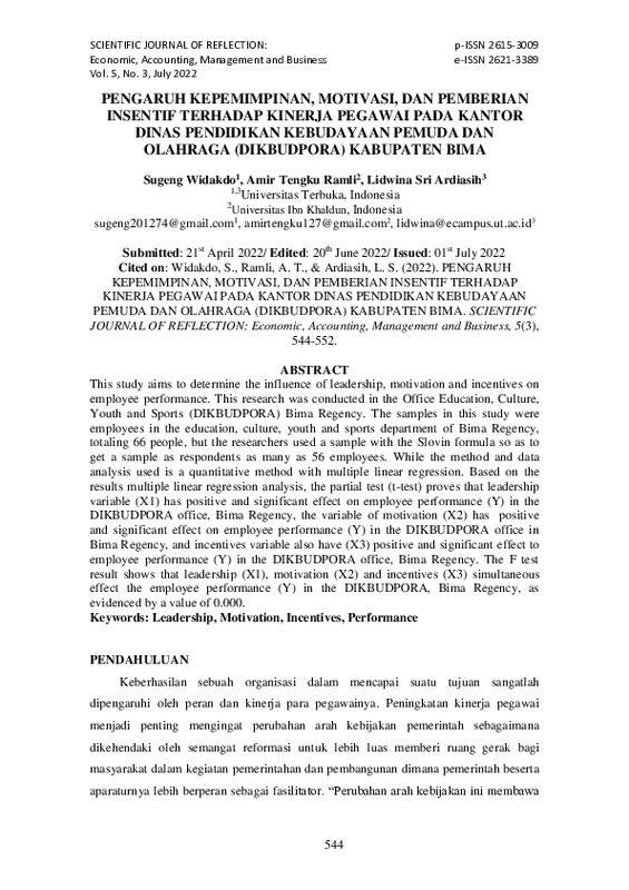 Pengaruh Kepemimpinan, Motivasi, Dan Pemberian Insentif Terhadap Kinerja Pegawai Pada Kantor Dinas Pendidikan Kebudayaan Pemuda Dan Olahraga (Dikbudpora) Kabupaten Bima.pdf