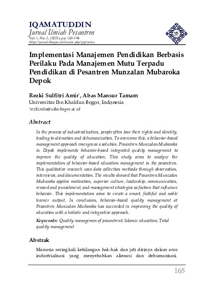 Implementasi Manajemen Pendidikan Berbasis Perilaku Pada Manajemen Mutu Terpadu Pendidikan di Pesantren Munzalan Mubaroka Depok.pdf Implementasi Manajemen Pendidikan Berbasis Perilaku Pada Manajemen Mutu Terpadu Pendidikan di Pesantren Munzalan Mubaroka Depok.pdf
