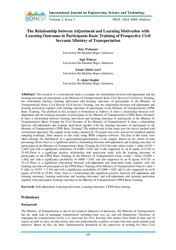 The Relationship between Adjustment and Learning Motivation with Learning Outcomes in Participants Basic Training of Prospective Civil Servants Ministry of Transportation.pdf The Relationship between Adjustment and Learning Motivation with Learning Outcomes in Participants Basic Training of Prospective Civil Servants Ministry of Transportation.pdf