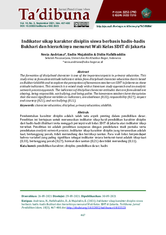 Indikator sikap karakter disiplin siswa berbasis hadis-hadis Bukhari dan hierarkinya menurut Wali Kelas SDIT di Jakarta.pdf