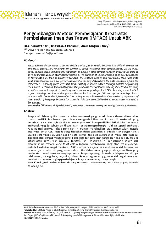 Pengembangan metode pembelajaran kreativitas pembelajaran iman dan taqwa (IMTAQ) untuk Anak Berkebutuhan Khusus (ABK).pdf