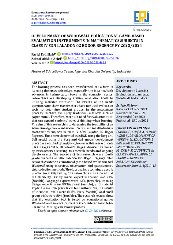 DEVELOPMENT OF WORDWALL EDUCATIONAL GAME-BASED EVALUATION INSTRUMENTS IN MATHEMATICS SUBJECTS IN CLASS IV SDN LALADON 02 BOGOR REGENCY FY 20232024.pdf DEVELOPMENT OF WORDWALL EDUCATIONAL GAME-BASED EVALUATION INSTRUMENTS IN MATHEMATICS SUBJECTS IN CLASS IV SDN LALADON 02 BOGOR REGENCY FY 20232024.pdf