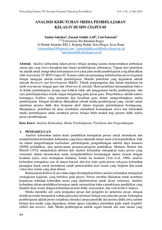 ANALISIS KEBUTUHAN MEDIA PEMBELAJARAN KELAS IV DI SDN CIAPUS 05.pdf ANALISIS KEBUTUHAN MEDIA PEMBELAJARAN KELAS IV DI SDN CIAPUS 05.pdf