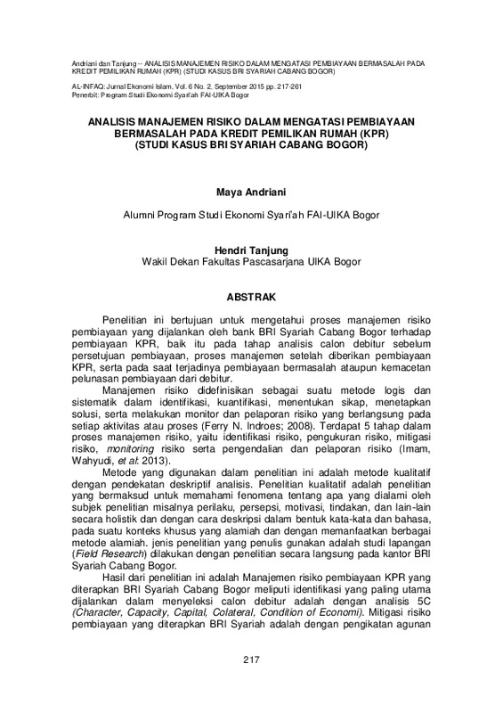 Analisis Manajemen Risiko Dalam Mengatasi Pembiayaan Bermasalah Pada Kredit Pemilikan Rumah (KPR)(Studi Kasus BRI Syariah Cabang Bogor).pdf