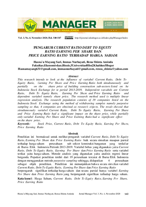 Pengaruh Current Ratio Debt To Equity Ratio Earning Per Share Dan Price Earning Ratio Terhadap Harga Saham.pdf Pengaruh Current Ratio Debt To Equity Ratio Earning Per Share Dan Price Earning Ratio Terhadap Harga Saham.pdf