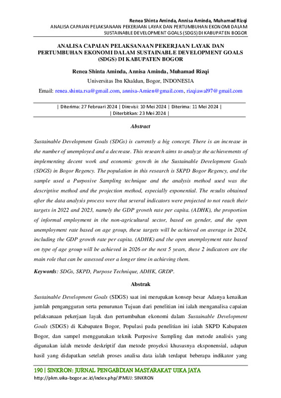 ANALISA CAPAIAN PELAKSANAAN PEKERJAAN LAYAK DAN PERTUMBUHAN EKONOMI DALAM SUSTAINABLE DEVELOPMENT GOALS (SDGS) DI KABUPATEN BOGOR.pdf