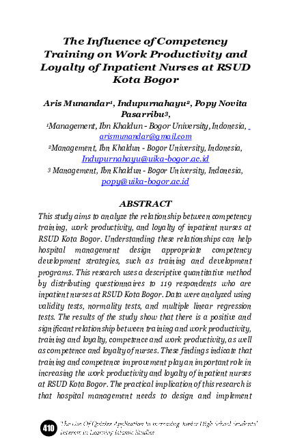 The Influence of Competency Training on Work Productivity and Loyalty of Inpatient Nurses at RSUD Kota Bogor.pdf