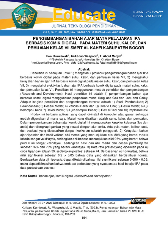 Pengembangan Bahan Ajar Mata Pelajaran Ipa Berbasis Komik Digital Pada Materi Suhu, Kalor, Dan Pemuaian Kelas VII SMPIT Al Kahfi Kabupaten Bogor.pdf Pengembangan Bahan Ajar Mata Pelajaran Ipa Berbasis Komik Digital Pada Materi Suhu, Kalor, Dan Pemuaian Kelas VII SMPIT Al Kahfi Kabupaten Bogor.pdf